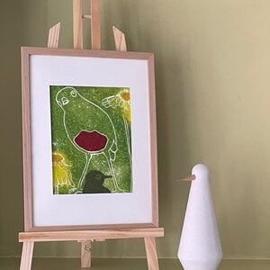 Linoprint nieuwsgierig vogeltje.