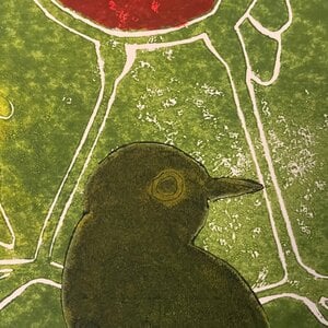 Linoprint nieuwsgierig vogeltje.