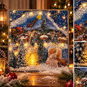 Magische Winternacht – Verlicht Mixed Media Wintertafereel 32 × 32 cm