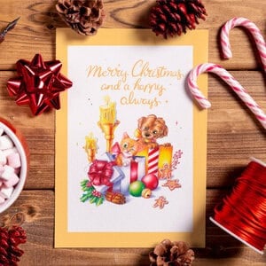 Merry Christmas and a happy always kerstkaart A6 gevouwen kaart kitten en hondje