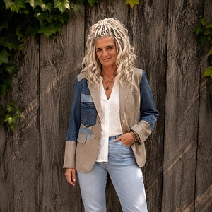 One of a Kind Upcycled Blazer met Denim Applicatie
