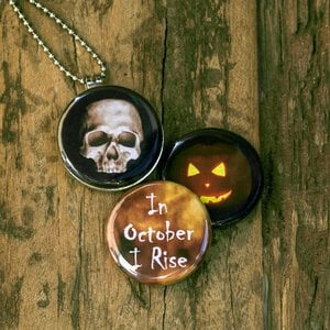 Roestvrij stalen fotomedaillon ketting met drie verschillende verwisselbare foto`s van griezelige halloween items,spannende,halloween ketting.