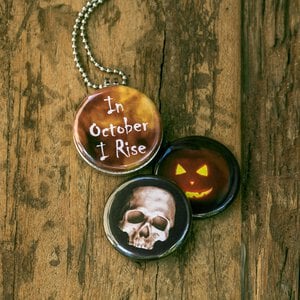 Roestvrij stalen fotomedaillon ketting met drie verschillende verwisselbare foto`s van griezelige halloween items,spannende,halloween ketting.