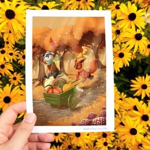 Rollende pompoenen das en eekhoorn art print home decor kinderkamer. 21x14,8 cm (8,2x5,8 in)