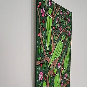 Schilderij 21x15 'Halsband parkieten' origineel acryl canvas