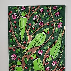 Schilderij 21x15 'Halsband parkieten' origineel acryl canvas