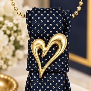 Statement ketting blauw met hart– unieke stropdas met sierbroche en parelketting
