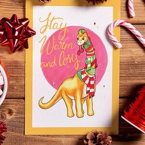 Stay warm and cosy dino kerstkaart A6
