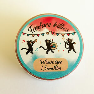 Washitape Fanfare kitties, muziek spelende poezen, journaling, 1,5cmx10m