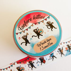 Washitape Fanfare kitties, muziek spelende poezen, journaling, 1,5cmx10m