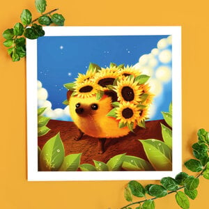 Zonnebloem egel, 135x135mm verjaardagskaart