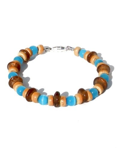 Herenarmband turquoise tijgeroogkralen, bruine gerecyclede glasschijven, beige kokoskralen. Handgemaakte polsband mannen, magneetsluiting