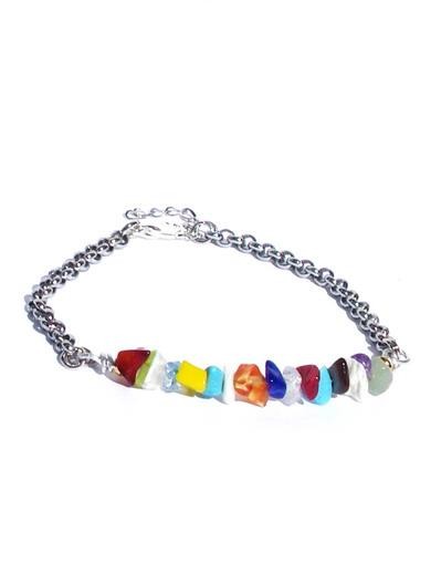 Multicolour armband met halfedelstenen, schelp en glaskralen met zilv… - 145817 Multicolour armband met halfedelstenen, schelp en glaskralen met zilver- of goudkleurige schakelketting. Polssieraad natuursteen multicolour