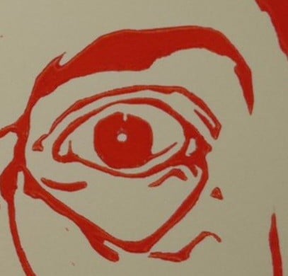 Linoprint ‘What!’ – gesigneerd A4 vrouwenportret in signaaloranje op ivoorpapier