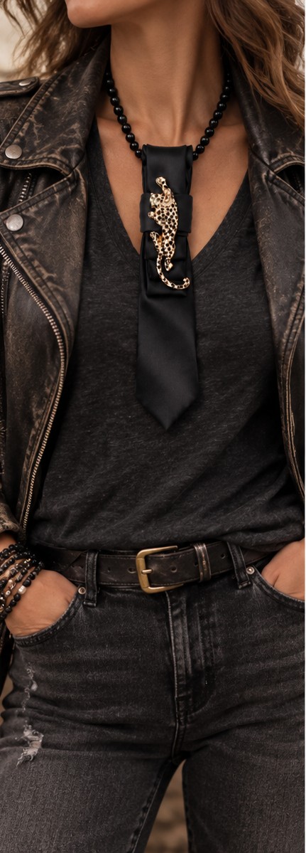 One of a kind handgemaakte stropdasketting panter| Statement tie neck… - 151662 One of a kind handgemaakte stropdasketting panter| Statement tie necklace | Upcycled tie jewelry