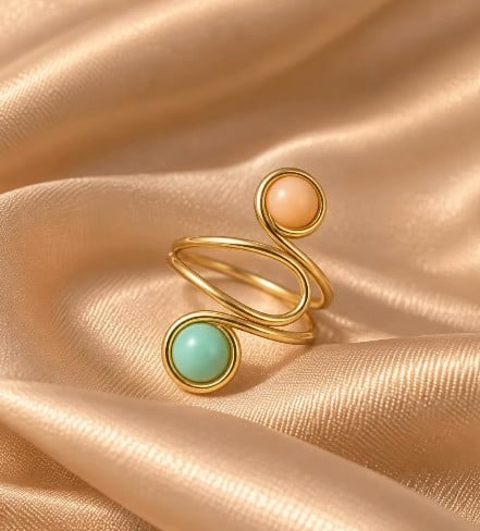Handgemaakte Gouden Spiraalring met Roze en Mintgroene Stenen | Uniek… - 151174 Handgemaakte Gouden Spiraalring met Roze en Mintgroene Stenen | Unieke Statement Ring