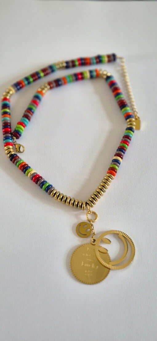 handmade ketting met grote lucky & smiley bedel