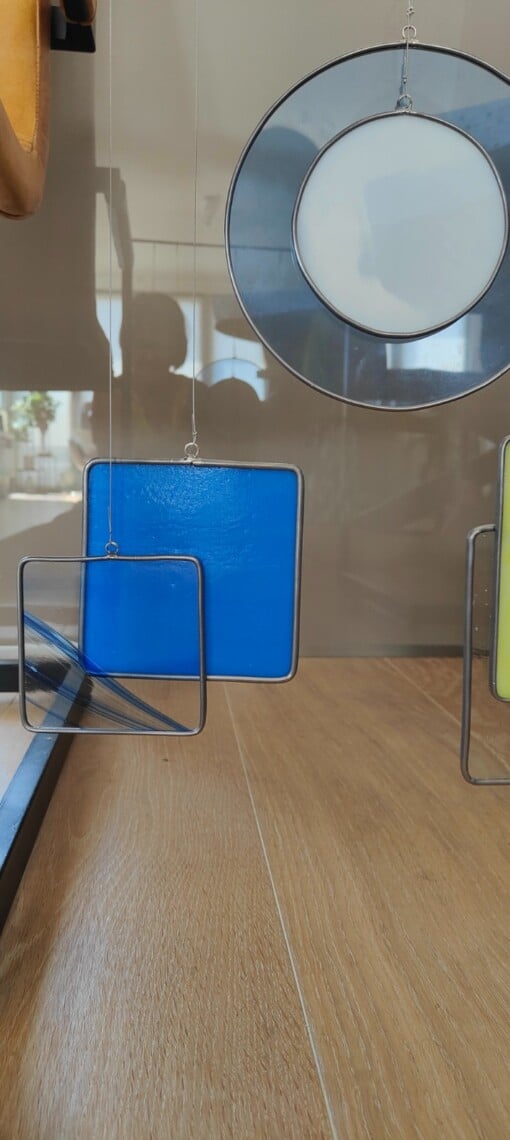 Modern Glas in lood object. "Blauw,geel". Zonnevanger. Uniek