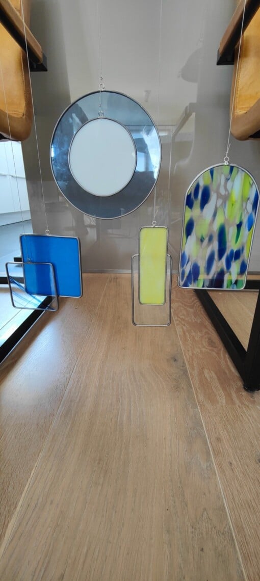 Modern Glas in lood object. "Blauw,geel". Zonnevanger. Uniek