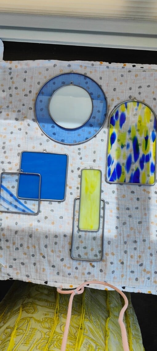 Modern Glas in lood object. "Blauw,geel". Zonnevanger. Uniek