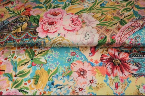 Satijnen 3-hoek sjaal met band (roze, turquoise | paisley, bloemen)