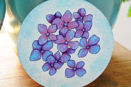 Rond Gouache Schilderij, Hortensia Bloemen