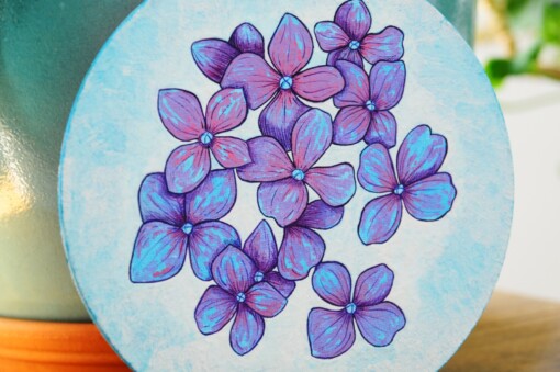 Rond Gouache Schilderij, Hortensia Bloemen