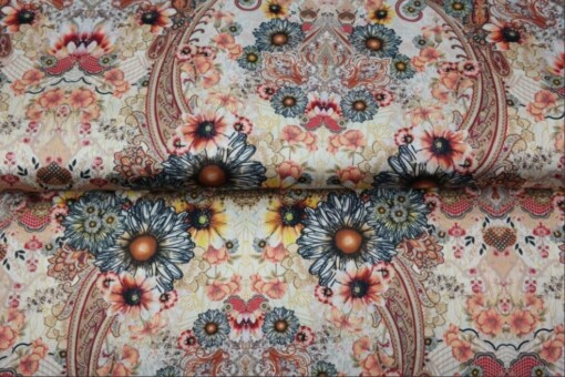 Satijnen 3-hoek sjaal met band ( beige | paisley, bloemen)