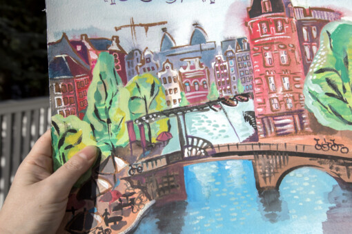 Amsterdam lacht - gouache op aquarelpapier