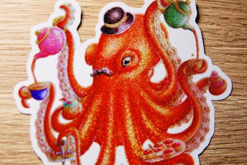 Octopus high tea potlood sticker met glittereffect. 9.5x9.3 cm