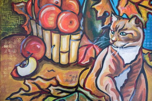 Herst stilleven met kat schilderij on canvas doek, acrylverf
