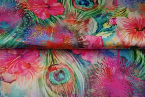 Satijnen 3-hoek sjaal met kwastjes ( multicolor | pauwen ogen, bloemen)