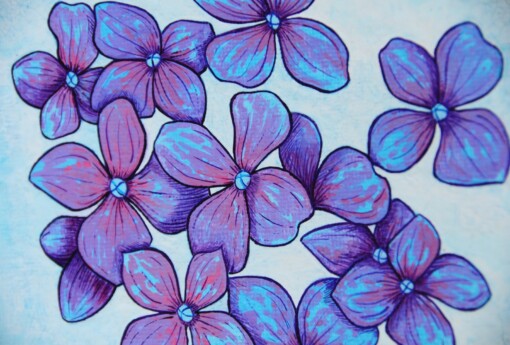 Rond Gouache Schilderij, Hortensia Bloemen