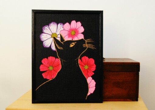 Zwarte Kat en Bloemen, Acrylverf Schilderij