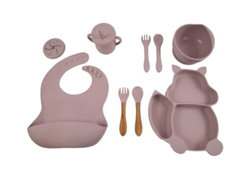 Honeybears – Siliconen kinderservies set 9 delig – Kinderbord zuignap – Siliconen eetset – Baby drinkbeker - BPA vrij – Lichtrose