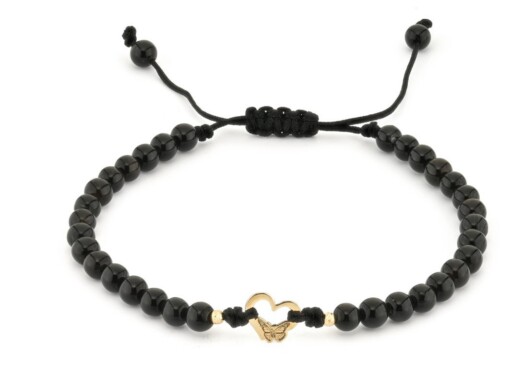 Zwart onyx armband met 14 karaat geelgouden Hartje met vlinder