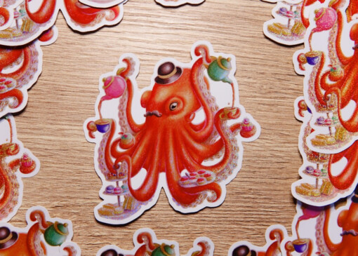 Octopus high tea potlood sticker met glittereffect. 9.5x9.3 cm