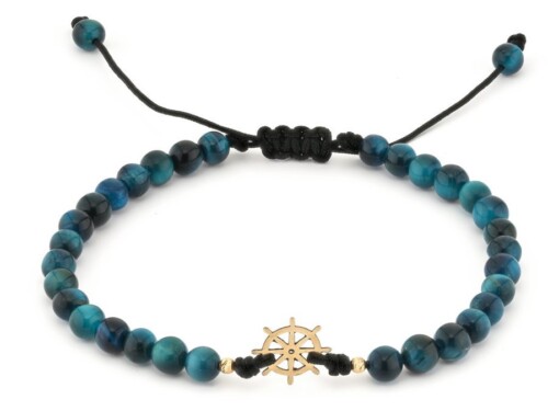 Blauwe tijgeroog armband met 14 karaat geelgouden Scheepsroer