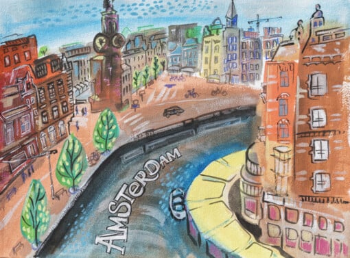 Amsterdam lacht 3 - gouache op aquarelpapier