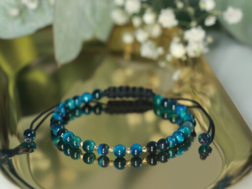 Prachtige armband met Blauwe Tijgeroog en 14 karaat geelgouden kralen