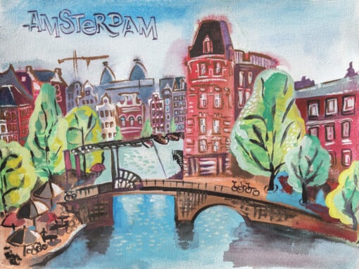 Amsterdam lacht - gouache op aquarelpapier