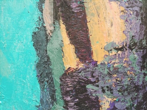 Landschap schilderij - mixed media - geel blauw