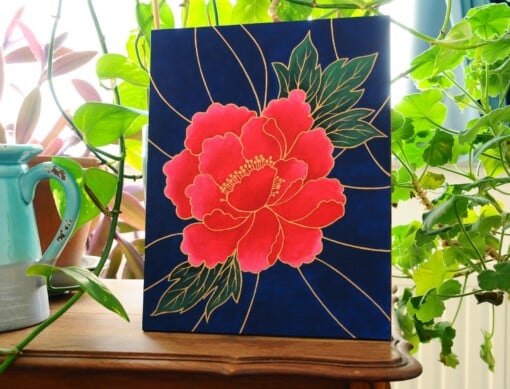 Acryl Schilderij, Chinese Bloem, Bladeren en Lijnen