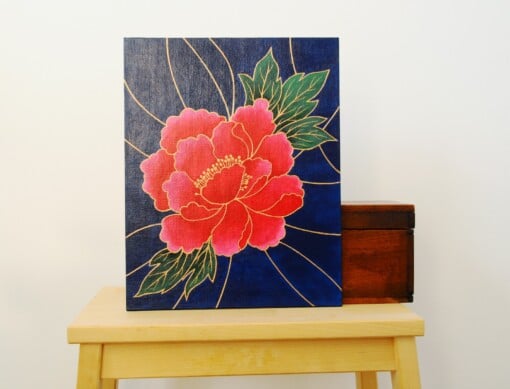 Acryl Schilderij, Chinese Bloem, Bladeren en Lijnen