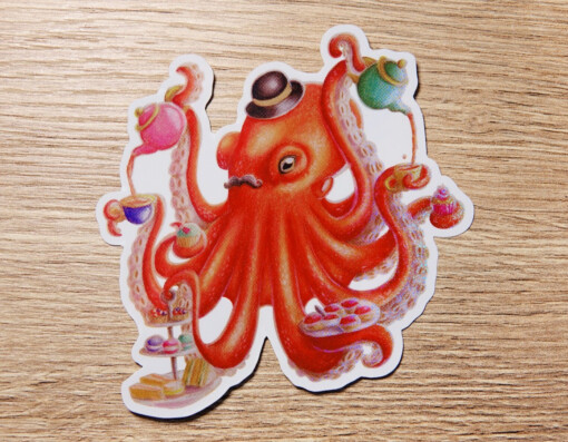Octopus high tea potlood sticker met glittereffect. 9.5x9.3 cm