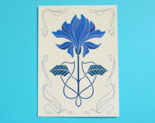 Art Nouveau Flower A6 Kaart, Blauwe Bloem Tekening