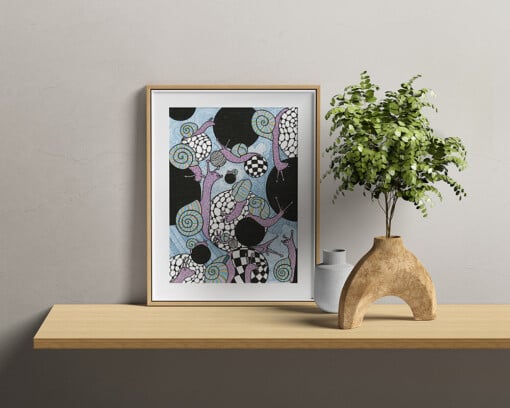 Slakken Tekening - Zwart en Witte bollen - Art Print - Kunst - Black Hole Snails