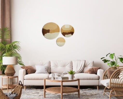 Set van 3 beige en bruin rieten manden