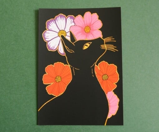 Floral Black Cat A6 Kaart, Bloemen Zwarte Kat Illustratie