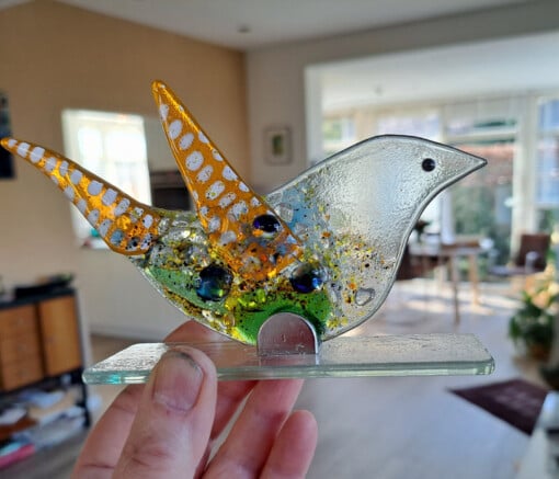 Geluksvogel van gerecycled glas maat L